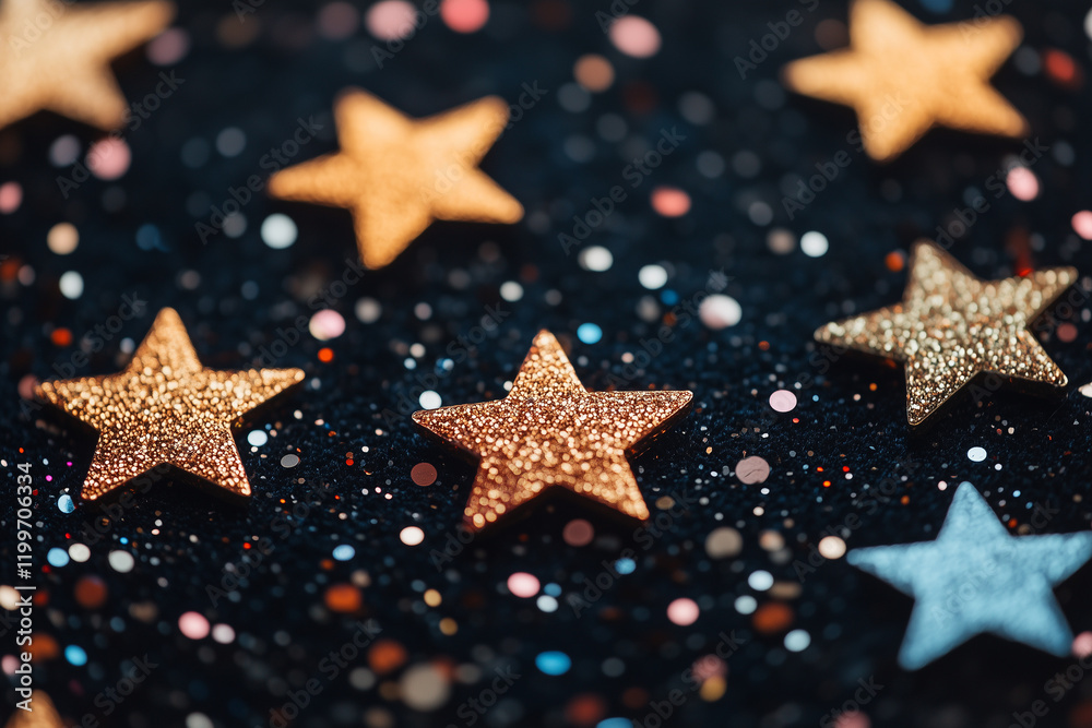 Shimmering star-shaped sequins scattered on a dark, textured surface create a festive and whimsical atmosphere in a creative space Shimmering star-shaped sequins scattered on a dark, textured surface create a festive and whimsical atmosphere in a creative space
