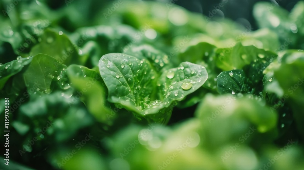 Dewy lettuce leaves in garden, close-up. Dewy lettuce leaves in garden, close-up.