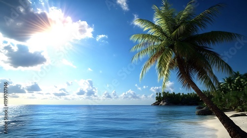 Tropical Paradise: Sun-Kissed Beach and Palm Tree