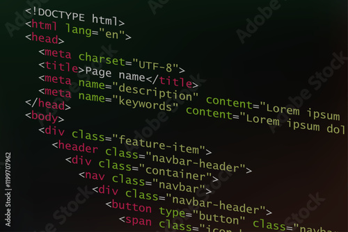 Html code as coding and programming language concept. Source code and script with colorful elements on dark background, tilted angle and view.