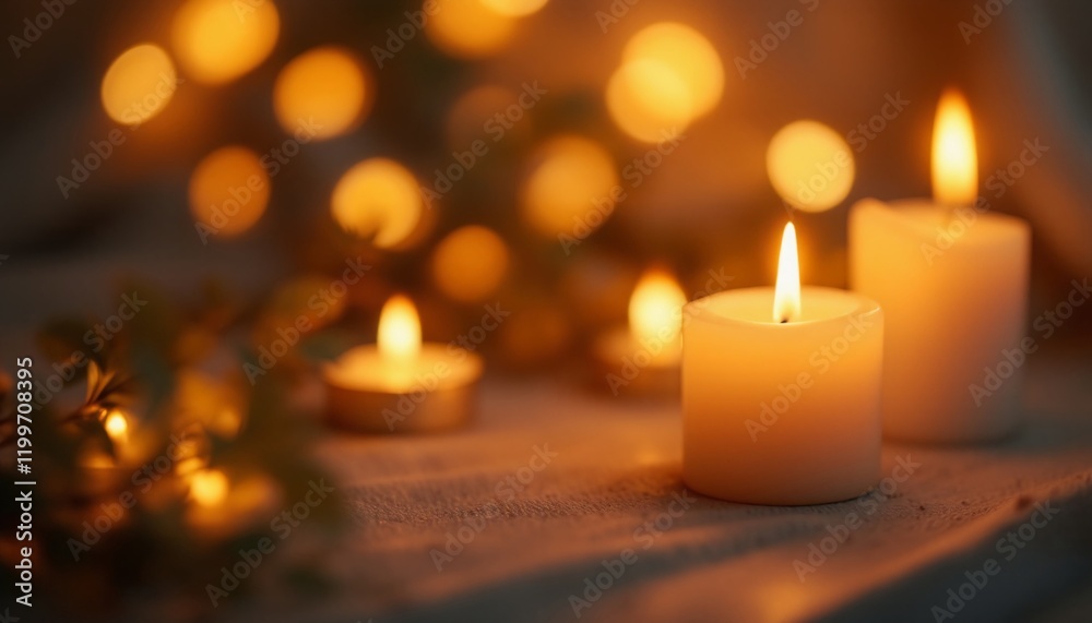 Lit Candles with Warm Golden Bokeh Glow in Cozy Setting Lit Candles with Warm Golden Bokeh Glow in Cozy Setting