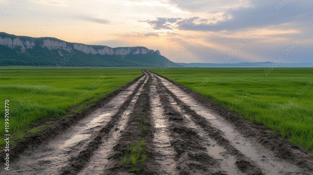 Naklejka premium Muddy trails and scenic adventures. A muddy road leads through a green landscape under a cloudy sky.