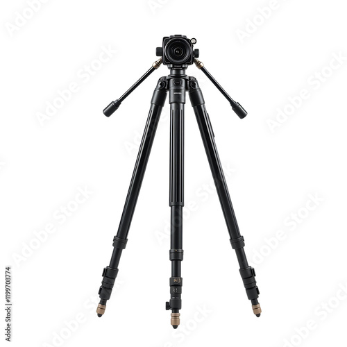 A black camera tripod with adjustable legs, designed for stability in photography.