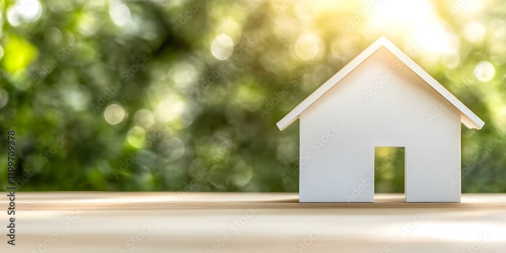 A small white house model on a wooden surface with a blurred green background and sunlight. Concept White House Model, Wooden Surface, Blurred Green Background, Sunlight Effect A small white house model on a wooden surface with a blurred green background and sunlight. Concept White House Model, Wooden Surface, Blurred Green Background, Sunlight Effect