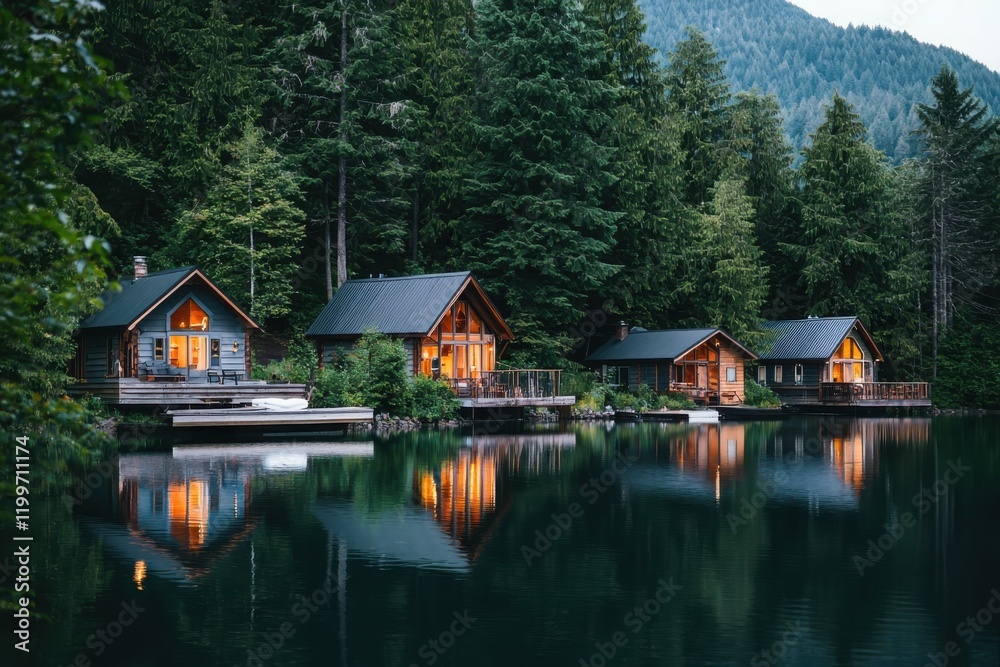 Fototapeta premium Cozy cabins by a serene lakeside retreat early morning reflections nature tranquil environment peaceful viewpoint scenic concept