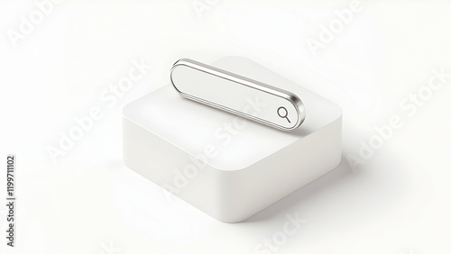 A sleek silver search bar with a magnifying glass icon rests on a pristine white cube against a clean white background, showcasing a minimalist design aesthetic. photo