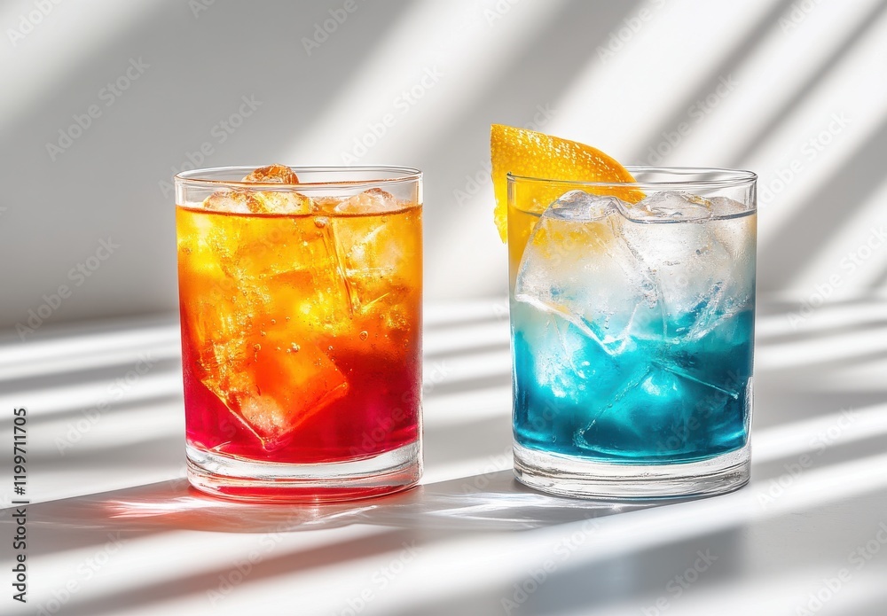 Refreshing Colorful Cocktails Served on a Sunlit Table with Ice Cubes and Citrus Garnish, Perfect for Summer Gatherings and Exotic Parties