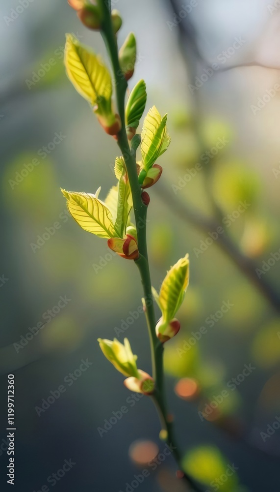 Spring branch, new leaves, sunlight, bokeh background, nature. Spring branch, new leaves, sunlight, bokeh background, nature.