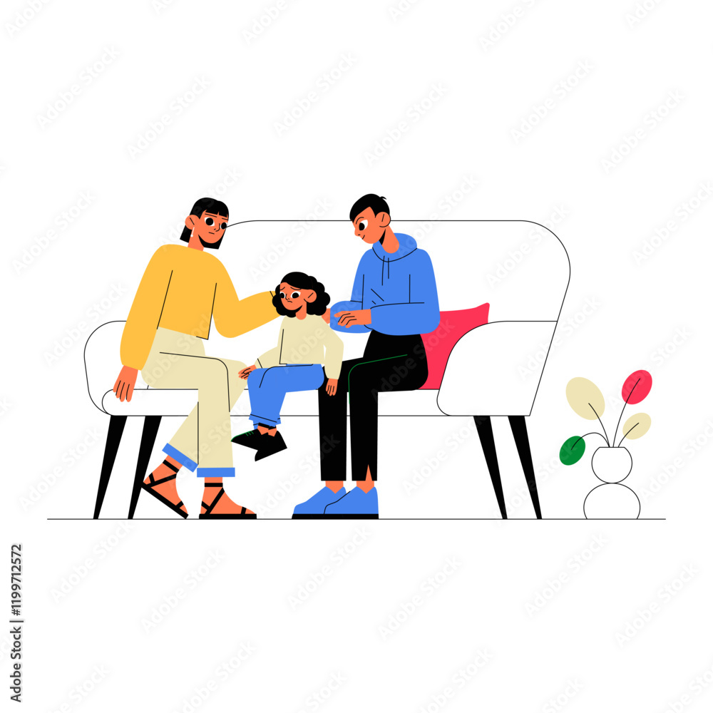 Fototapeta premium Family Sitting On A Sofa With A Child In Flat Vector Illustration Symbolizing Parenting, Comfort, And Togetherness, Isolated On White Background.