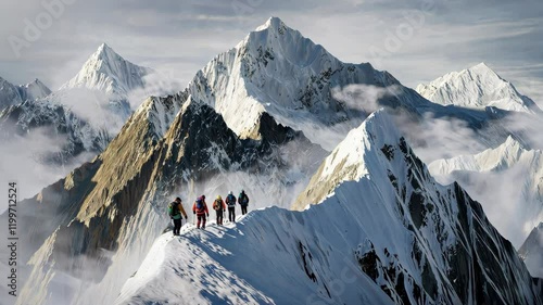 Aerial photography of climbers standing on the top of the mountain [4K]