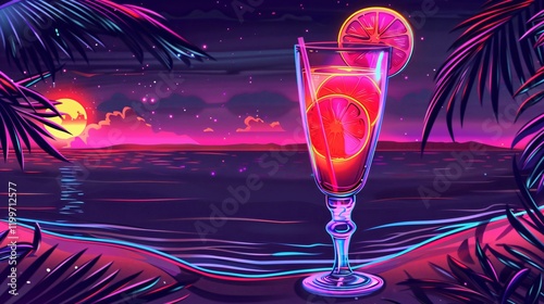 Neon Alcoholic Cocktail on the Beach Vector Illustration photo