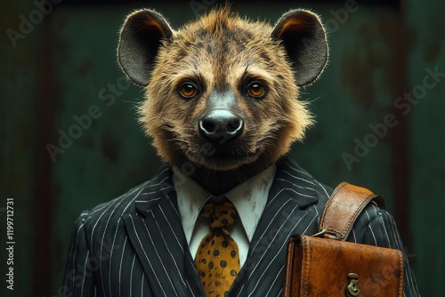 corporate hyena in pinstripe suit leather briefcase standing upright anthropomorphic character satirical digital art style
