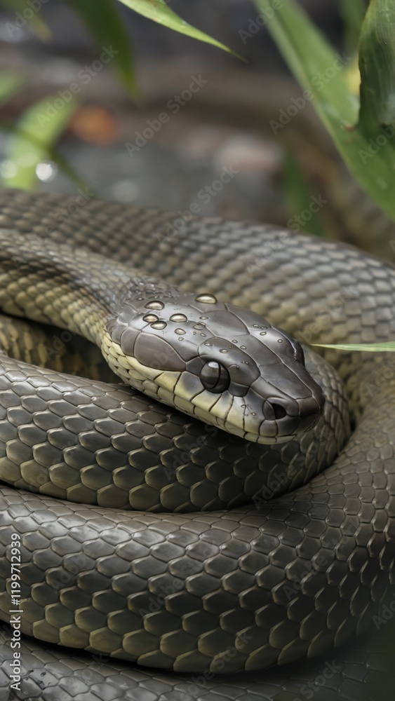 Fototapeta premium Close-up of a dark-colored snake coiled in a natural setting Its scales and head are sharply detailed