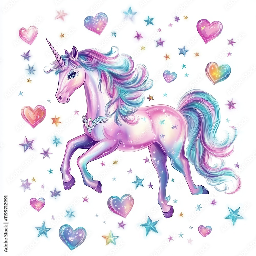 Fototapeta premium Unicorn stars and hearts background, fantasy elements, gradient sparkles, dreamy magical art, isolated on white background