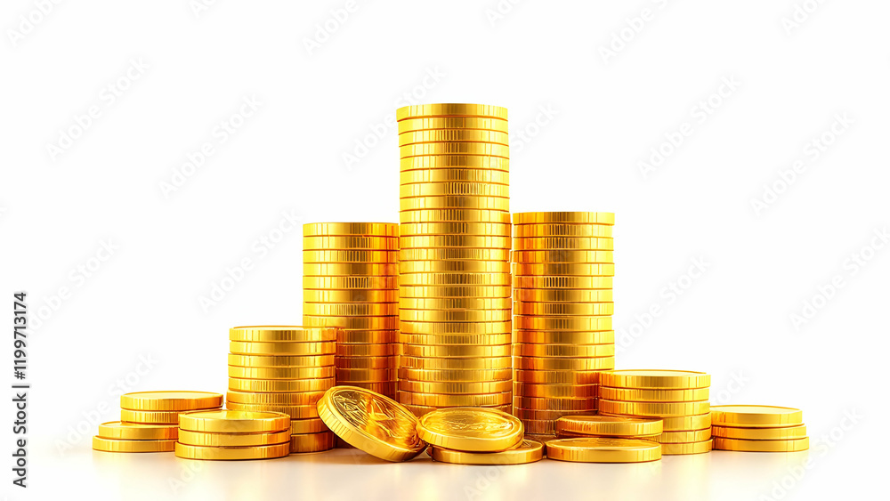 Image shows multiple stacks of shiny gold coins of varying heights, suggesting financial success, wealth, and prosperity. A few individual coins lie in front. Image shows multiple stacks of shiny gold coins of varying heights, suggesting financial success, wealth, and prosperity. A few individual coins lie in front.