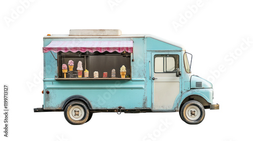 Classic vintage ice cream truck with colorful ice cream displays on a white isolated background.
