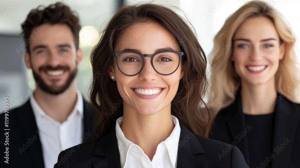 Professional Team with Confident Smiles in Office Setting Professional Team with Confident Smiles in Office Setting