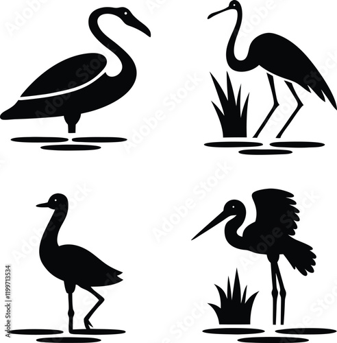 Silhouette Icons Four Wading Birds, Wetland Habitats, Birdlife