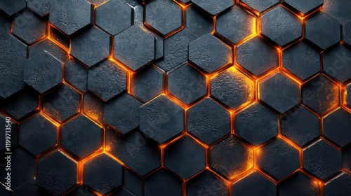 A textured surface of hexagonal shapes with glowing orange cracks against a dark background, creating a striking, modern aesthetic.