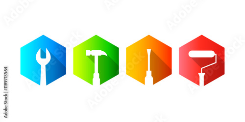 Building, repair, renovation, maintenance, facility management concept work tools as colorful icons. Logo or icon set, vector illustration isolated on white background.