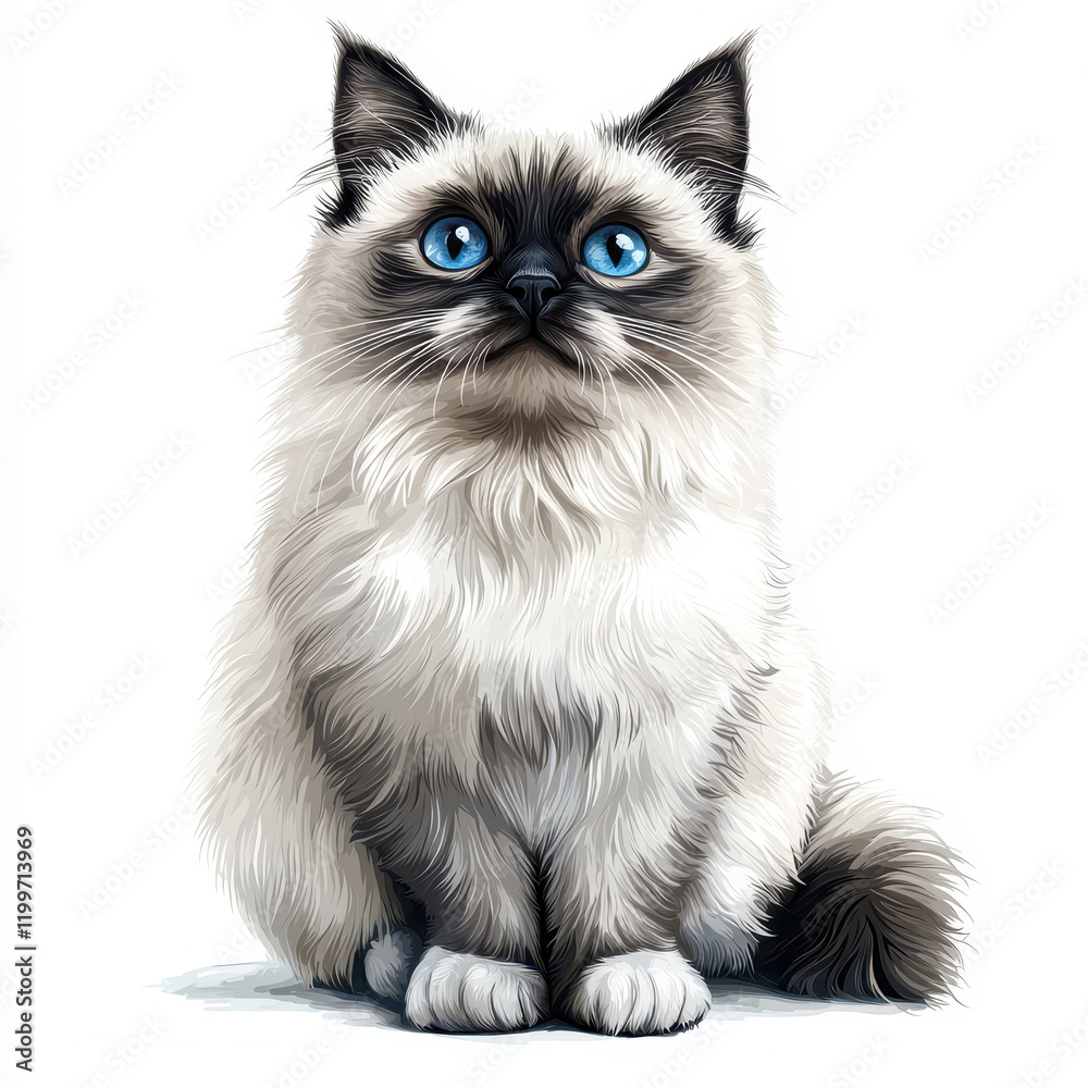 Obraz premium Fluffy Birman cat with striking blue eyes, sitting gracefully on white background