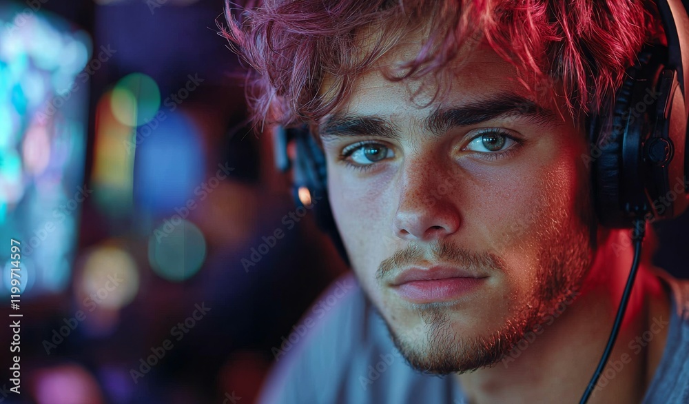 A lively young blogger or gamer, sporting pink hair, records a podcast. The student streamer, called The Guy, reviews it. A lively young blogger or gamer, sporting pink hair, records a podcast. The student streamer, called The Guy, reviews it.