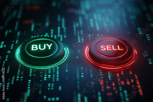 Green buy button and red sell button illuminated, indicating trading options on a financial dashboard
