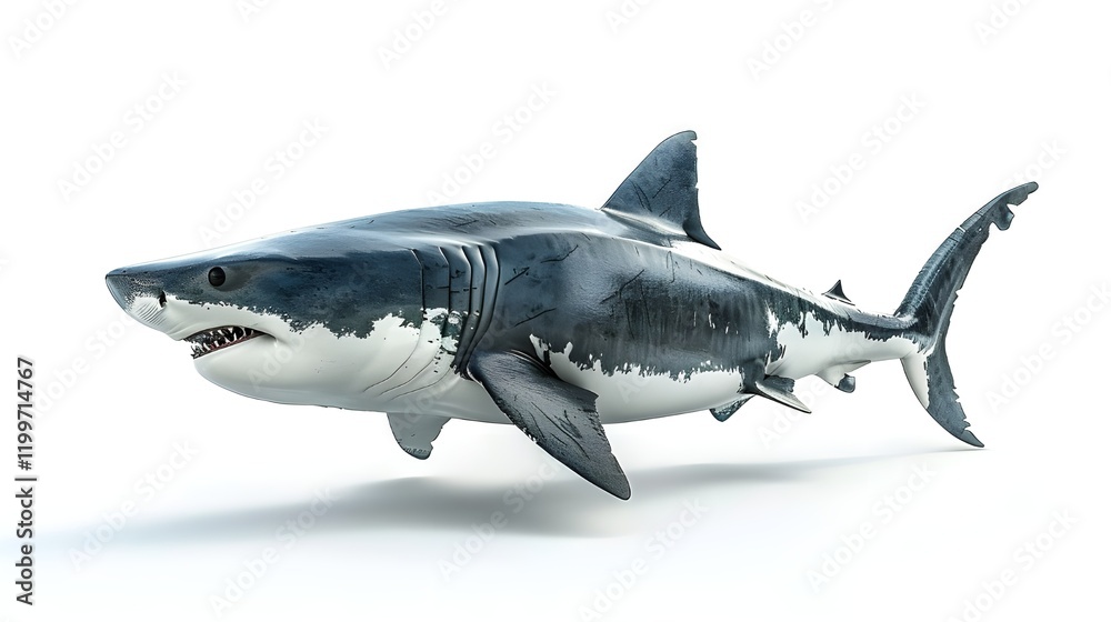 Fototapeta premium Great white shark, realistic, 3D render, detailed texture, metallic sheen, sleek design, dynamic pose, underwater predator, hyper-realistic, studio lighting, high contrast, marine biology illustration