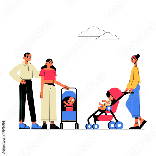 Families With Baby Strollers Outdoors In Flat Vector Illustration Symbolizing Parenthood, Togetherness, And Social Bonding, Isolated On White Background.