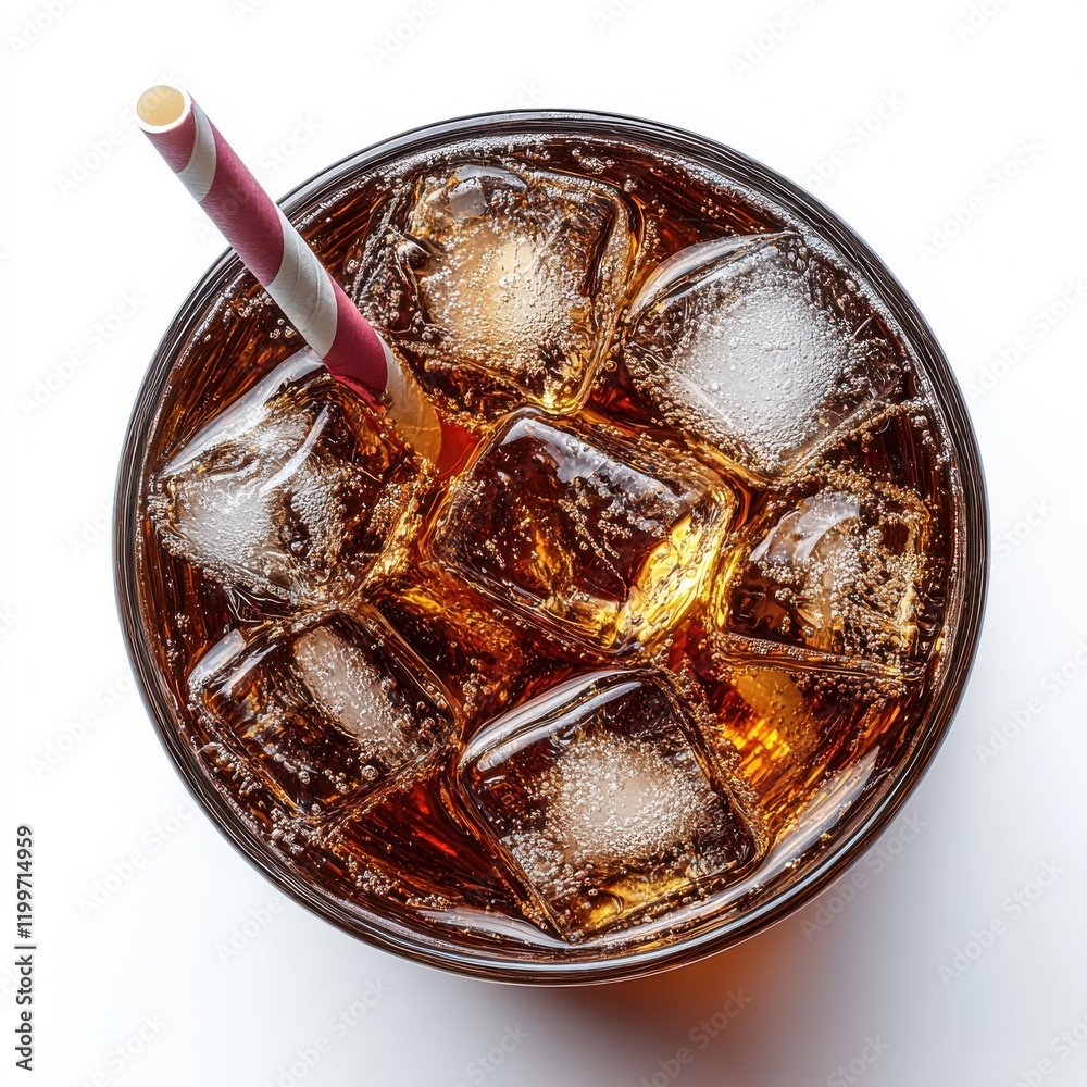 Refreshing Glass of Carbonated Soft Drink with Ice Cubes and Colorful Straw on a Bright Background for Summer Beverages and Party Themes Refreshing Glass of Carbonated Soft Drink with Ice Cubes and Colorful Straw on a Bright Background for Summer Beverages and Party Themes