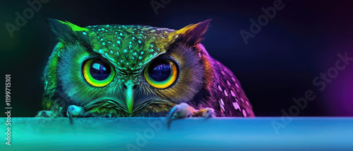 animal habitat animal rights Concept Vibrant owl with striking eyes, showcasing colorful feathers in a mystical atmosphere.