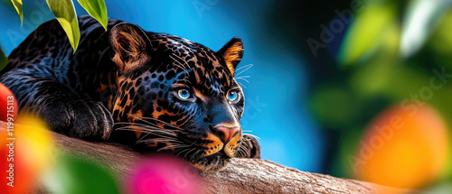animal habitat animal rights Concept A jaguar rests on a branch, its vivid blue eyes contrasting with colorful tropical foliage.