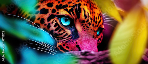 animal habitat animal rights Concept Vibrant close-up of a leopard's face peeking through colorful foliage.
