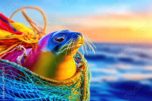 animal habitat animal rights Concept Colorful seal emerging from a vibrant fishing net against a sunset backdrop.