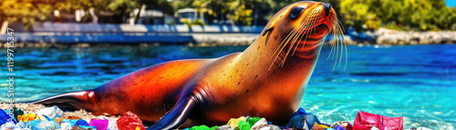animal habitat animal rights Concept A vibrant sea lion resting on colorful debris by the water's edge, showcasing marine life diversity.