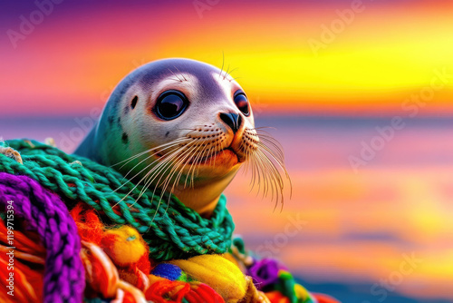 animal habitat animal rights Concept Colorful seal adorned with vibrant ropes against a stunning sunset backdrop.