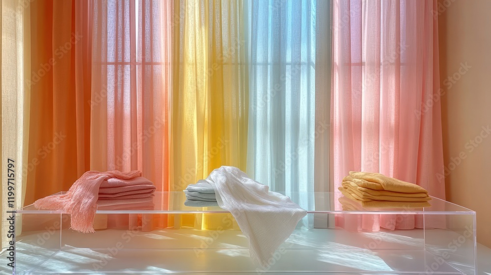 Pastel curtains, folded fabrics on glass display. Pastel curtains, folded fabrics on glass display.