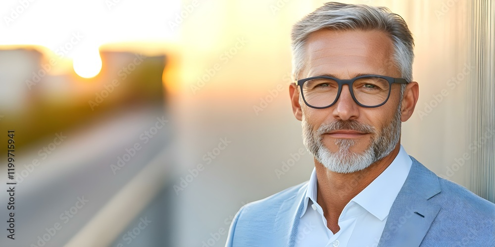 Fototapeta premium A man with silver hair and glasses is smiling confidently, wearing a light blue blazer against a blurred sunset background. Concept Confidence in Portraits, Silver Hair Styling