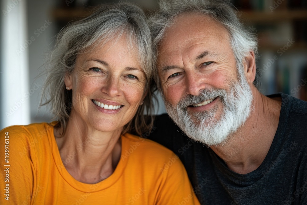 Happy couple enjoying a joyful moment indoors while smiling at the camera during a sunny afternoon Happy couple enjoying a joyful moment indoors while smiling at the camera during a sunny afternoon