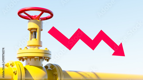 Reducing gas prices. Down arrow near yellow pipe. Reducing gas reserves per storage facility concept. Arrow shows pressure drop in pipe. Pipeline with valve to stop gas supply. 3d image