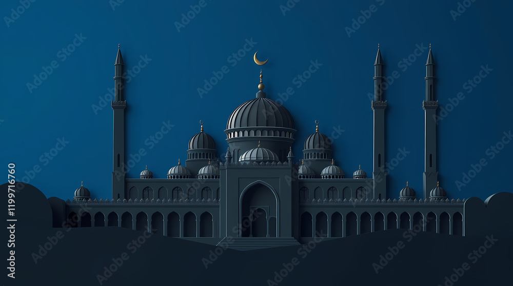 Obraz premium Bold flat design mosque illustration with geometric domes and paper-cut style