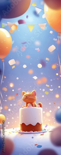 Festive birthday celebration with cat-shaped cake colorful balloons fun atmosphere indoor setting playful theme photo