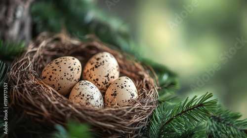 Quail eggs in a nest surrounded by pine tree branches, nature, spring, Easter theme, Easter decoration, wildlife, forest, delicate eggs, fresh nature, Easter celebration, organic, natural setting