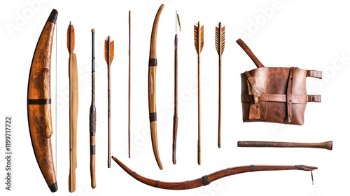 A collection of traditional archery equipment featuring a variety of bows, arrows, and a leather quiver, set against a white isolated background.