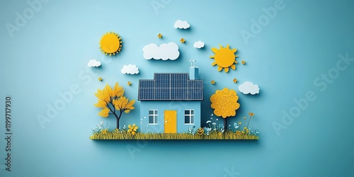 Bright and cheerful house with solar panels surrounded by nature and sunshine on a clear blue background