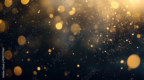 Golden dust shimmering defocused bokeh, glowing gold glitter particles abstract background, warn festive overlay
