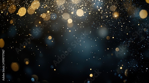 Golden dust shimmering defocused bokeh, glowing gold glitter particles abstract background, warn festive overlay