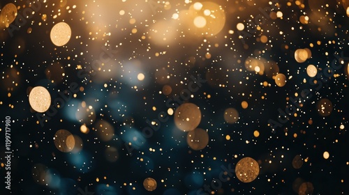 Golden dust shimmering defocused bokeh, glowing gold glitter particles abstract background, warn festive overlay
