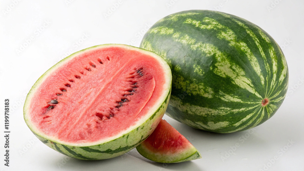 Ripe, juicy watermelon slices and a fresh melon on a plate, perfect for a healthy summer fruit Ripe, juicy watermelon slices and a fresh melon on a plate, perfect for a healthy summer fruit