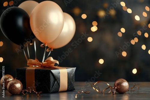 Elegant celebration setup with black and gold balloons and a gift box on a festive background